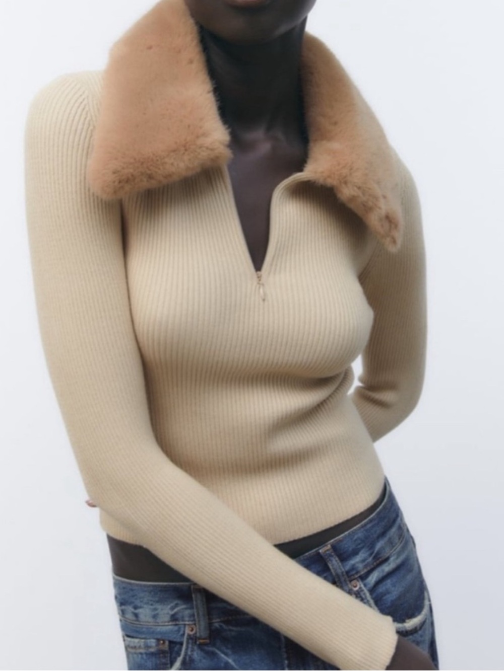 Zara Faux Fur Lapel Knit Sweater